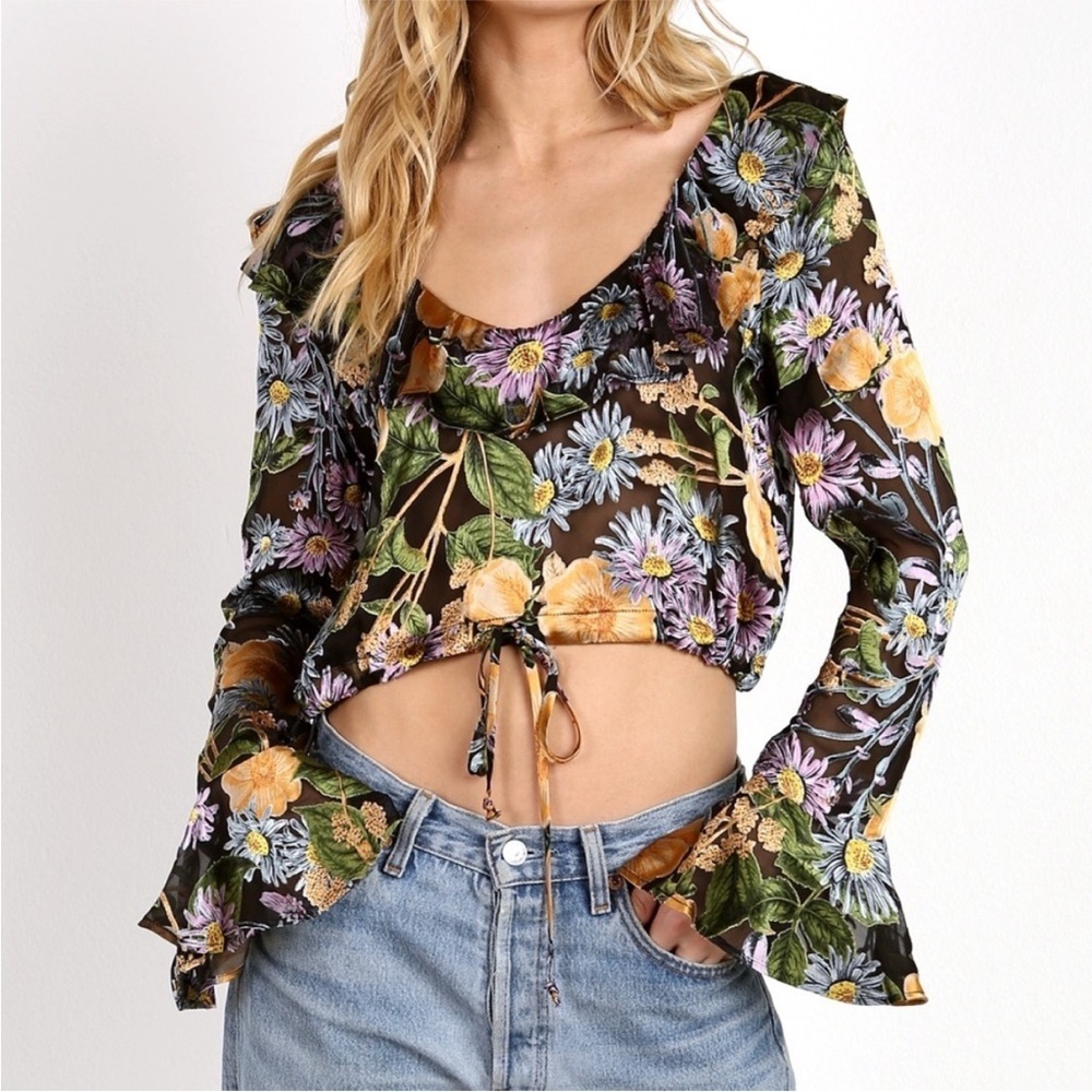 For Love & Lemons Luciana Ruffle Floral Blouse XS | Cropped Bell Sleeve Top